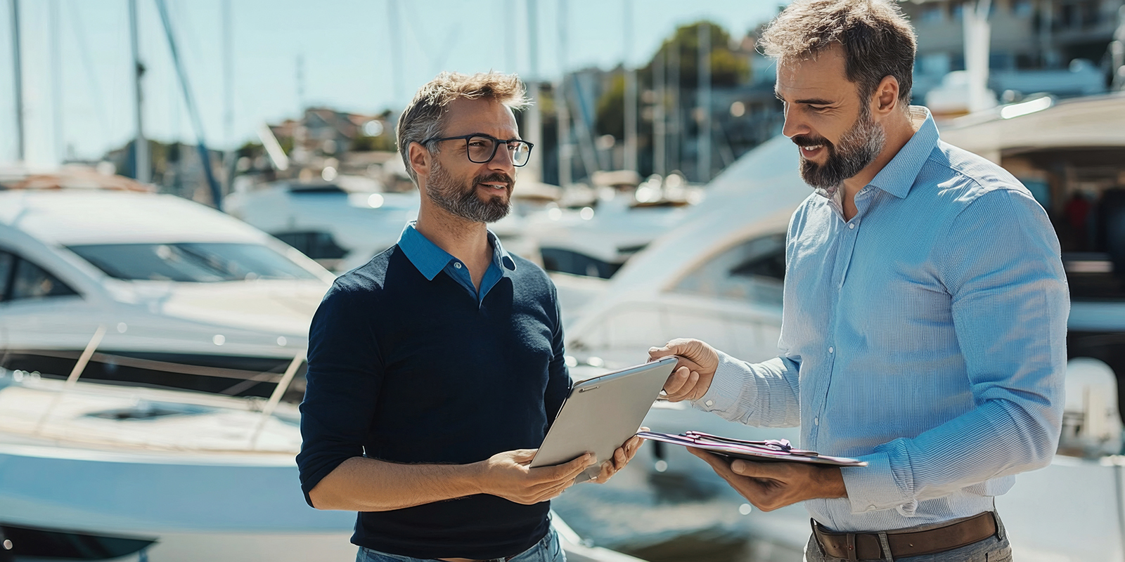 Two men standing negotiating and discussing for a boat business